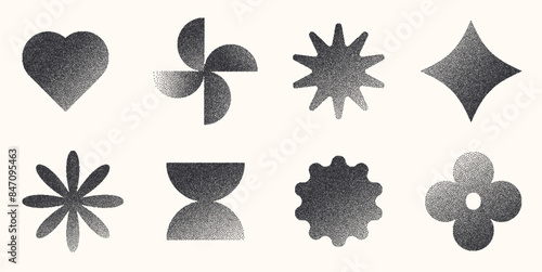 A collection of eight geometric shapes created with a stipple effect. Shapes include a heart, pinwheel, star, diamond, flower, semicircle, splat, and clover on a beige background