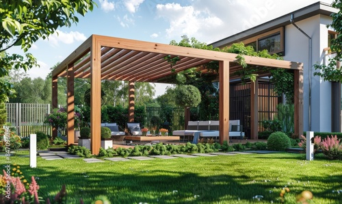 Wallpaper Mural A wooden pergola in a backyard of a modern house, surrounded by lush green grass and a variety of colorful flowers Torontodigital.ca