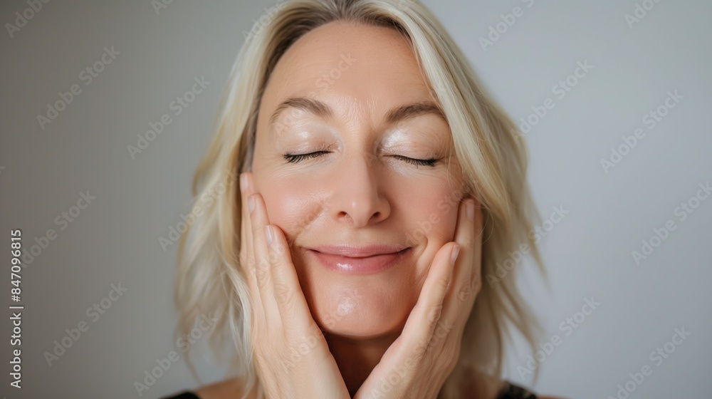 Georgeous cheerful middle aged mature woman with hands on her face enjoying perfect skincare and skin as self love and care concept Georgeous cheerful middle aged mature woman with hands on her face enjoying perfect skincare and skin as self love and care concept