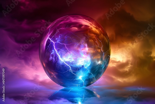 An abstract illustration of a sphere filled with a thunderstorm