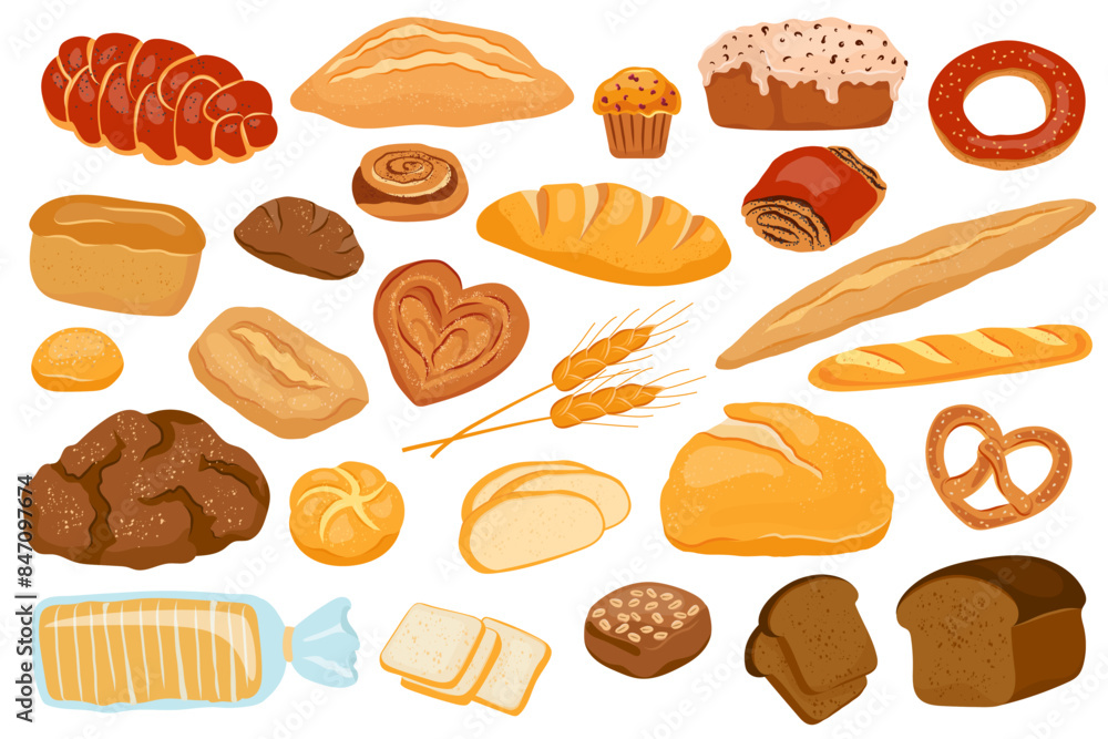 Big set vector bread products Template page design food with bakery food Rye bread and pretzel, muffin, pita, ciabatta, wheat and whole grain bread, variety buns, toast bread, baguette for menu bakery Big set vector bread products Template page design food with bakery food Rye bread and pretzel, muffin, pita, ciabatta, wheat and whole grain bread, variety buns, toast bread, baguette for menu bakery