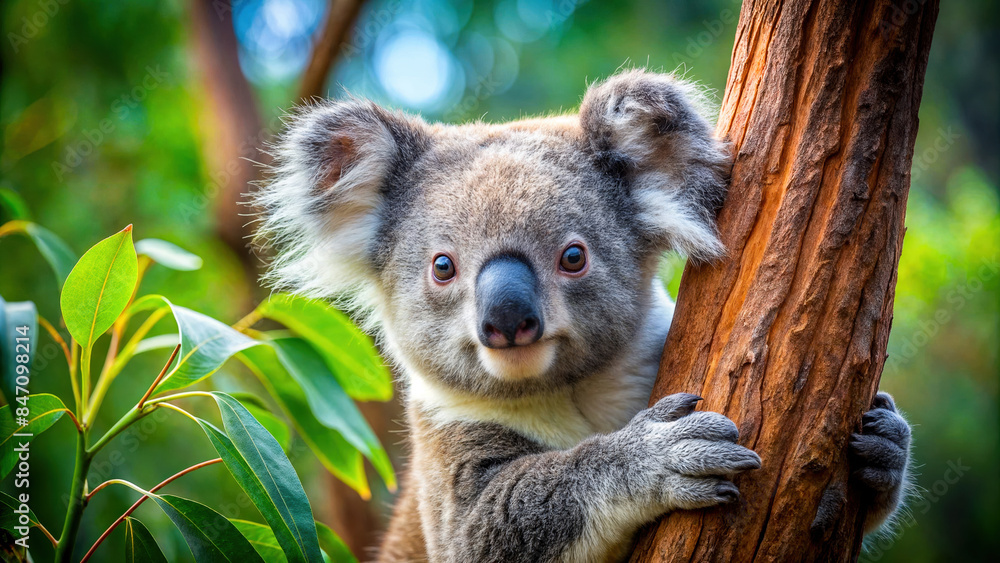 Fototapeta premium A curious koala peeks out from behind a tree. Digital art is ideal for environmental campaigns, ecotourism promotions and other projects about the unique nature of Australia. 