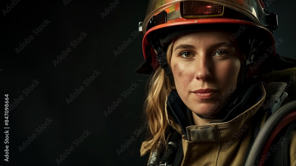 Caucasian Female Firefighter in Uniform Looking at Camera Caucasian Female Firefighter in Uniform Looking at Camera
