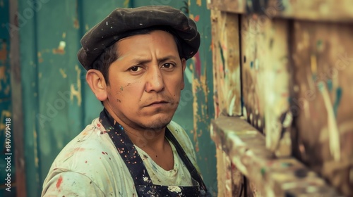 Hispanic Male Artist in Beret and PaintSplattered Apron © GMeta