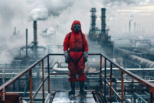 Worker in red suit and mask overlooks factory