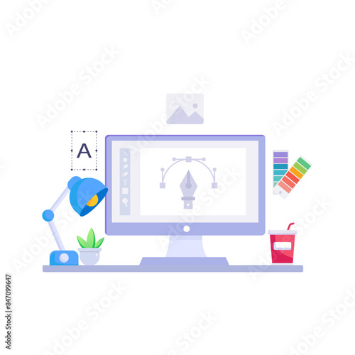 Graphic designer work on desk vector illustration.