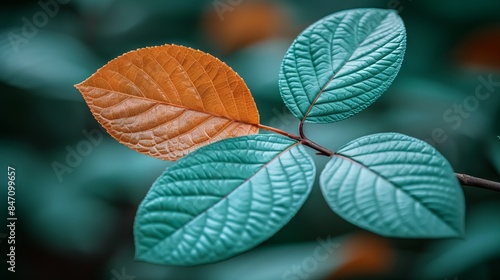 euonymus leaf with green and orange hues, against a background of blurred green-orange leaves photo