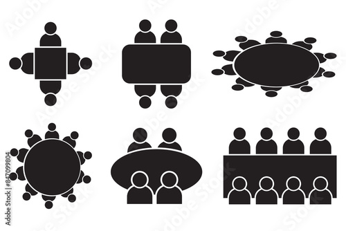 Table Seating Arrangement Icons, vector, for an Event.  Business people silhouettes, vector. Chair around the table icon, symbol. Office meeting icon, silhouette, vector. Vector illustration

