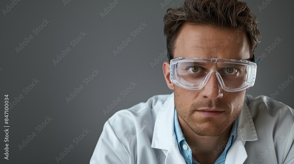 Serious Caucasian Male Scientist in Lab Coat and Safety Goggles Serious Caucasian Male Scientist in Lab Coat and Safety Goggles