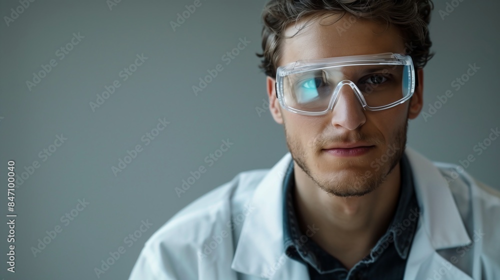Serious Caucasian Male Scientist in Lab Coat and Safety Goggles Serious Caucasian Male Scientist in Lab Coat and Safety Goggles