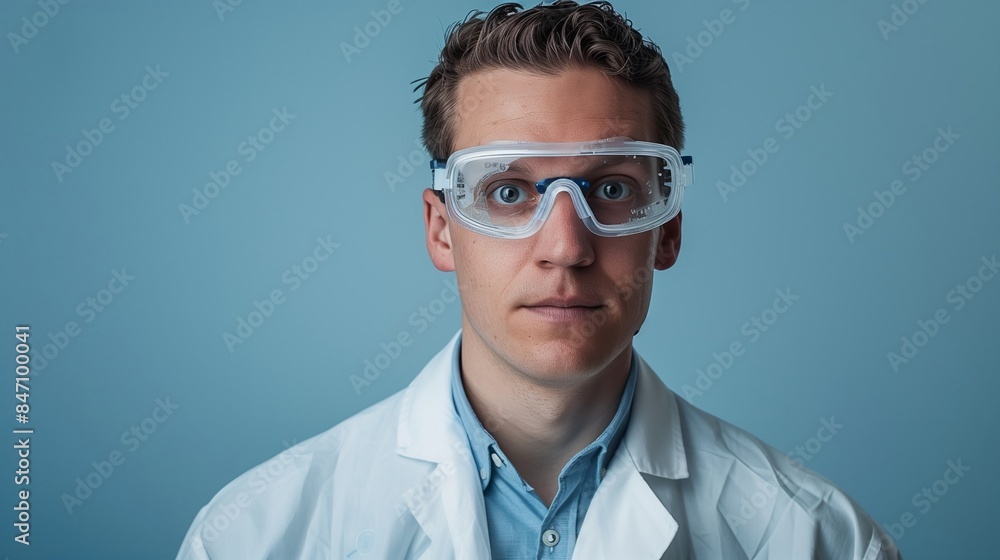 Serious Caucasian Male Scientist in Lab Coat and Safety Goggles Serious Caucasian Male Scientist in Lab Coat and Safety Goggles