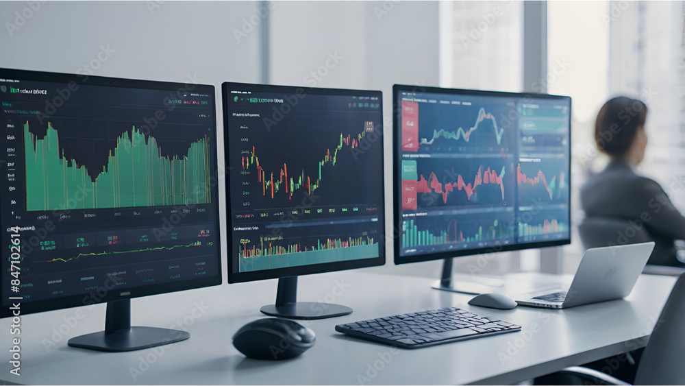 An illustration of a robo-advisor interface, with charts and graphs indicating investment strategies and portfolio management. Include a person reviewing their investment portfolio on a device, showin An illustration of a robo-advisor interface, with charts and graphs indicating investment strategies and portfolio management. Include a person reviewing their investment portfolio on a device, showin