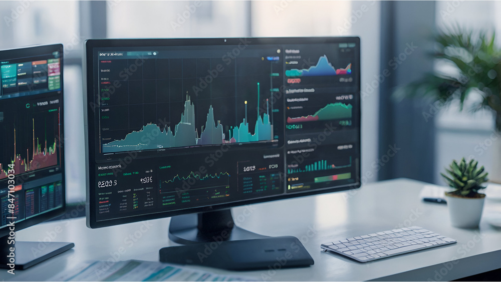 An illustration of a robo-advisor interface, with charts and graphs indicating investment strategies and portfolio management. Include a person reviewing their investment portfolio on a device, showin An illustration of a robo-advisor interface, with charts and graphs indicating investment strategies and portfolio management. Include a person reviewing their investment portfolio on a device, showin