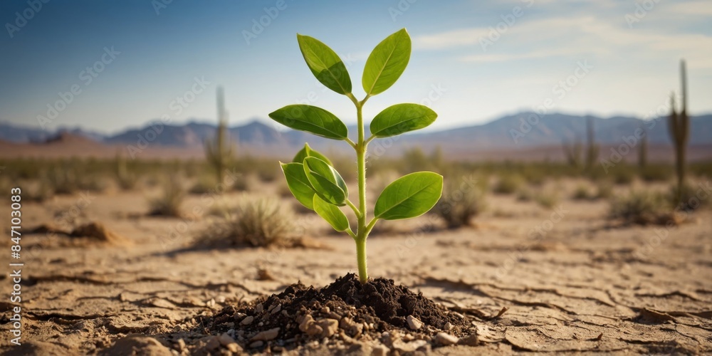 A single plant sprouts in a dry desert, symbolizing hope and resilience in a harsh environment A single plant sprouts in a dry desert, symbolizing hope and resilience in a harsh environment