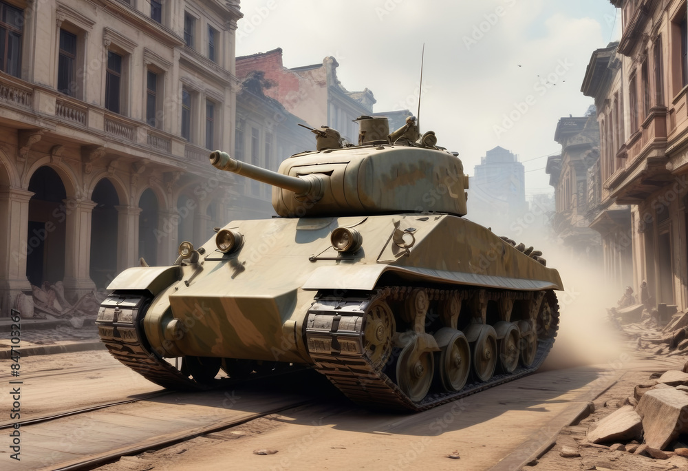 A high-resolution AI-generated photograph of a vintage military tank, showcasing its historical design and rugged details. Ideal for use in historical documentaries, educational materials, and vintage A high-resolution AI-generated photograph of a vintage military tank, showcasing its historical design and rugged details. Ideal for use in historical documentaries, educational materials, and vintage