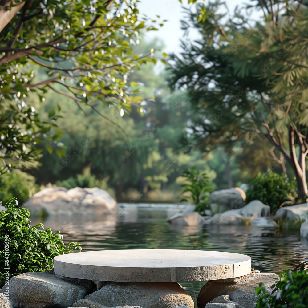 View of the Calm River Lake with a cylindrical podium for display product photos View of the Calm River Lake with a cylindrical podium for display product photos