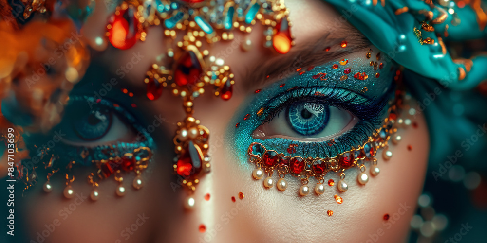 Indisches schönes Frauen Gesicht mit edlen Make up und eleganten Kopschmuck für Poster in Nahaufnahme Indisches schönes Frauen Gesicht mit edlen Make up und eleganten Kopschmuck für Poster in Nahaufnahme