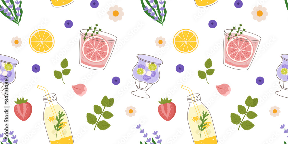 Seamless summer pattern, drinks with citrus, berries, and herbs. Design includes elements like lemons, strawberries, mint leaves, and flowers, perfect for seasonal projects and decorations. Seamless summer pattern, drinks with citrus, berries, and herbs. Design includes elements like lemons, strawberries, mint leaves, and flowers, perfect for seasonal projects and decorations.