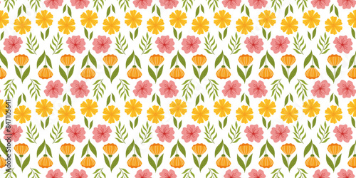 Continuous design pattern with floral elements. Botanical-inspired recurring fabric or wallpaper design with orange flower on stem with leaf, yellow flower, cherry blossom, and leaves.