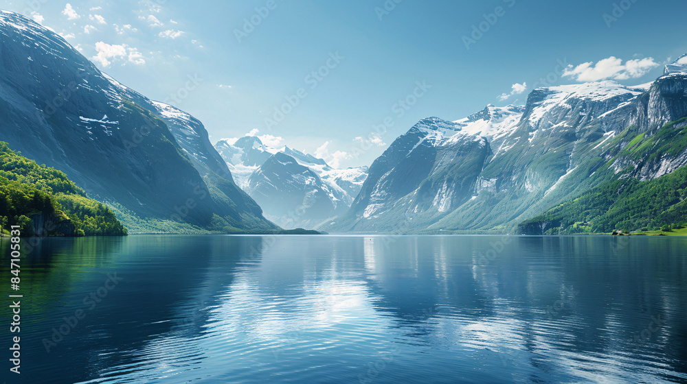 Majestic Snow-Capped Mountains Reflecting in Serene Lake - Perfect Travel Destination Web Banner Majestic Snow-Capped Mountains Reflecting in Serene Lake - Perfect Travel Destination Web Banner