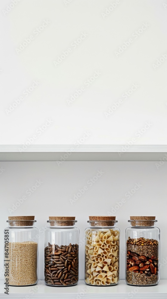 white kitchen shelves filled with glass jars containing pasta, grains, and seeds against a white background, emphasizing a home cooking area. white kitchen shelves filled with glass jars containing pasta, grains, and seeds against a white background, emphasizing a home cooking area.