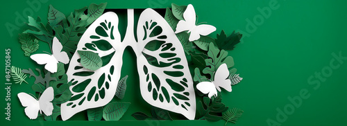 Eco-friendly health concept,green background with white lung cutout symbolizing environmental impact respiratory health, environmental awareness, and promoting sustainable living clean air initiatives