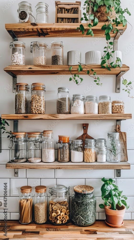 white kitchen shelves filled with glass jars containing pasta, grains, and seeds against a white background, emphasizing a home cooking area. white kitchen shelves filled with glass jars containing pasta, grains, and seeds against a white background, emphasizing a home cooking area.