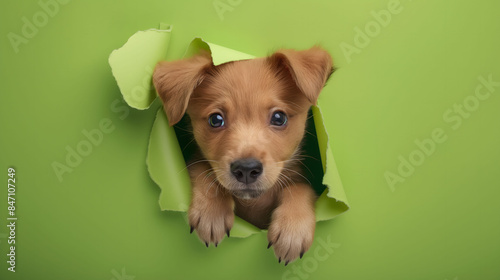 Adorable Puppy Peeking Out from a Torn Green Paper Background