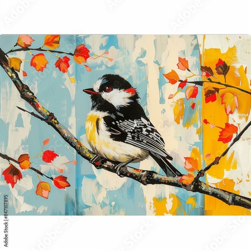 Colorful Bird on Branch in Artistic Autumn Scene photo