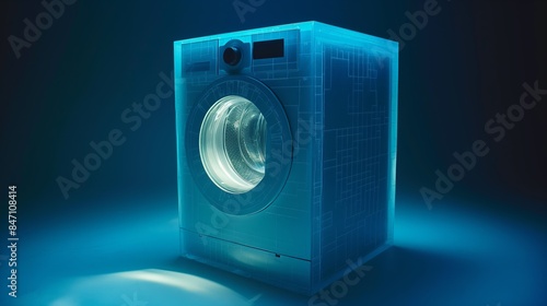 A transparent washing machine concept rendered in 3D, showcasing futuristic design elements and a sleek, modern aesthetic photo