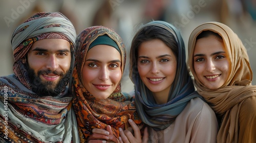 Portrait of four Muslim people congratulates Eid Mubarak by giving greets hand 