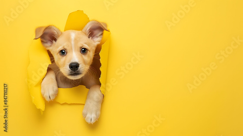 Adorable Puppy Popping Through a Torn Yellow Paper Background © slonme