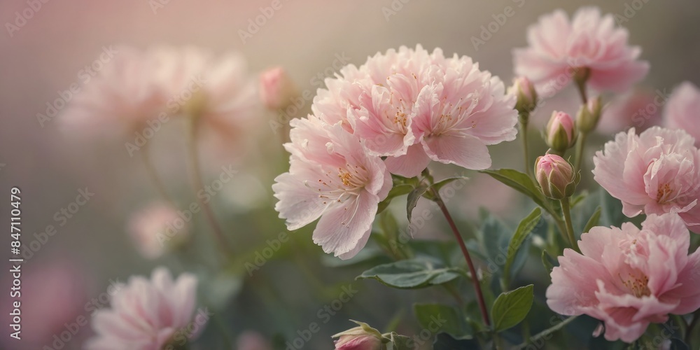 An array of delicate pink peony flowers in full bloom captured in a gentle, soft focus An array of delicate pink peony flowers in full bloom captured in a gentle, soft focus