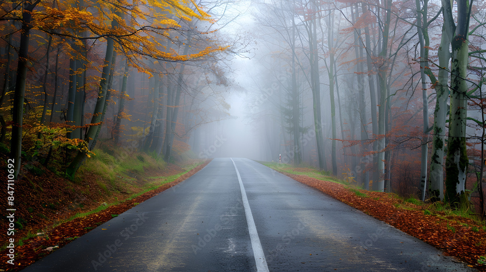 Morning in the forest with straight road. Computer wallpaper Morning in the forest with straight road. Computer wallpaper