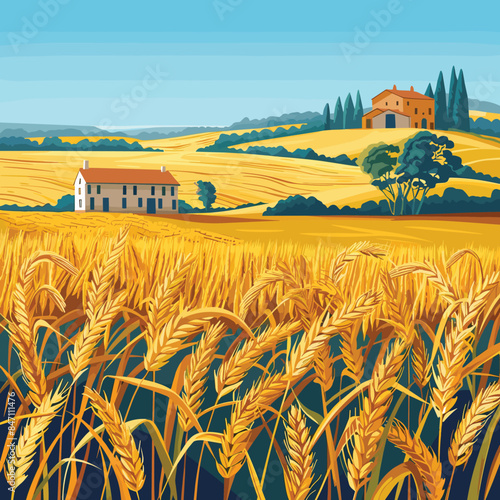 Golden wheat field ripe crops ready harvest, lush farmland landscape under blue sky, rural agriculture scene. Countryside houses nestled among rolling hills, tranquil farming panorama, idyllic