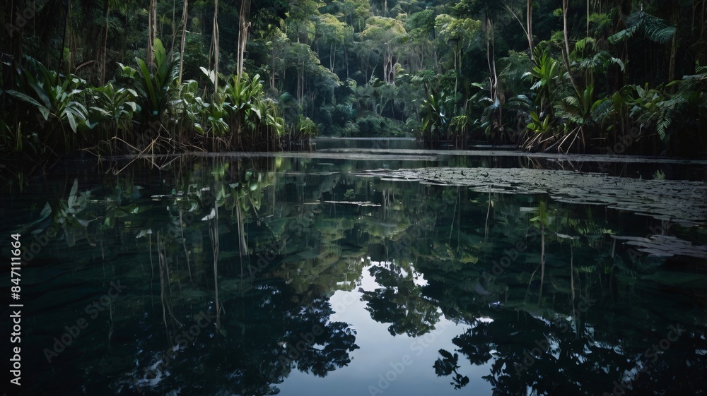 Beautiful reflection of trees in a still, blue lake, surrounded by lush green forest and a clear, cloudless sky Beautiful reflection of trees in a still, blue lake, surrounded by lush green forest and a clear, cloudless sky