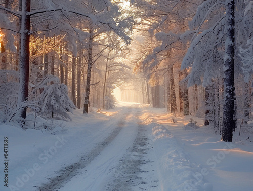 Snowy Forest Path at Sunrise © pavlofox