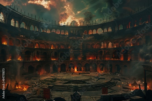 Digitally rendered image of a historic coliseum engulfed in flames under a dramatic sky