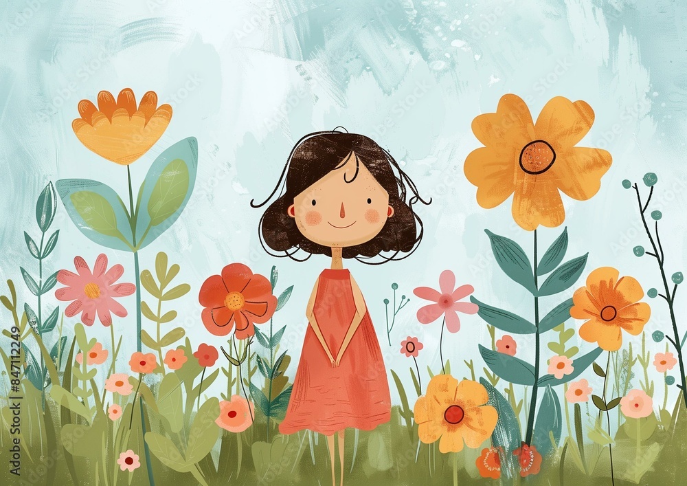 Whimsical Illustration of a Girl in a Colorful Flower Garden Whimsical Illustration of a Girl in a Colorful Flower Garden