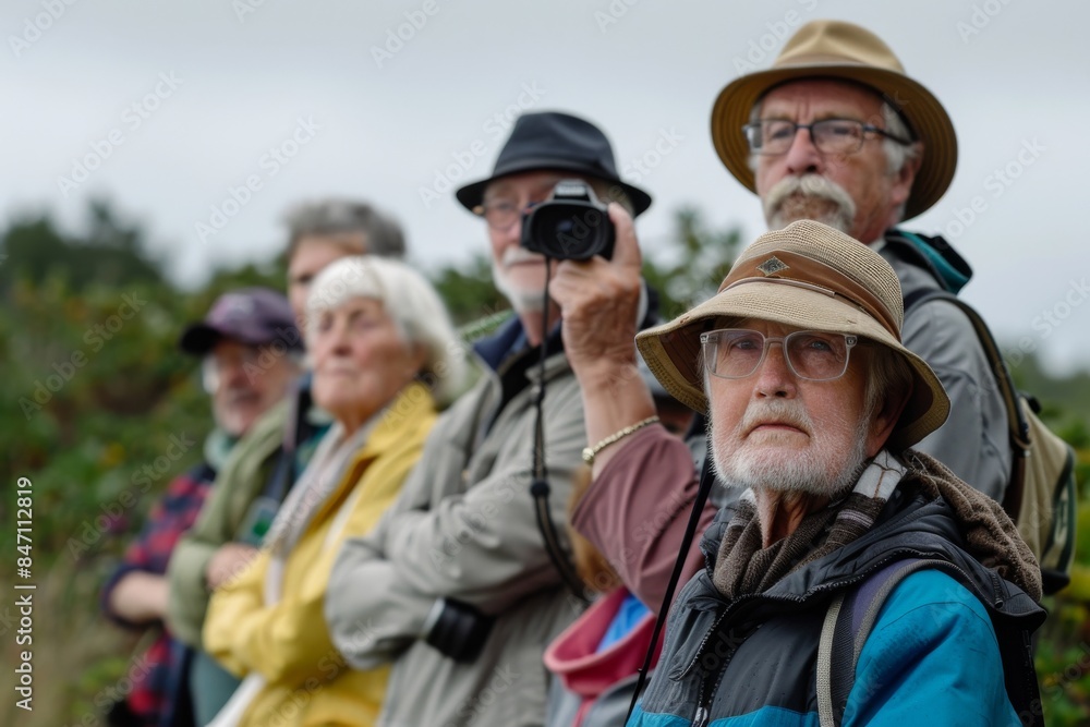 Group of senior tourists taking photos with camera in the countryside. Focus on the old man Group of senior tourists taking photos with camera in the countryside. Focus on the old man
