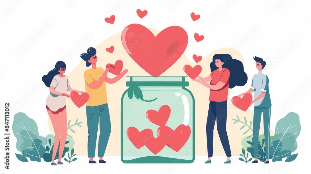 Tiny Volunteers collect hearts in a jar, symbolizing charity, donations, and a generous social community. Share your love, hope, and support with others. Vector illustration. Tiny Volunteers collect hearts in a jar, symbolizing charity, donations, and a generous social community. Share your love, hope, and support with others. Vector illustration.