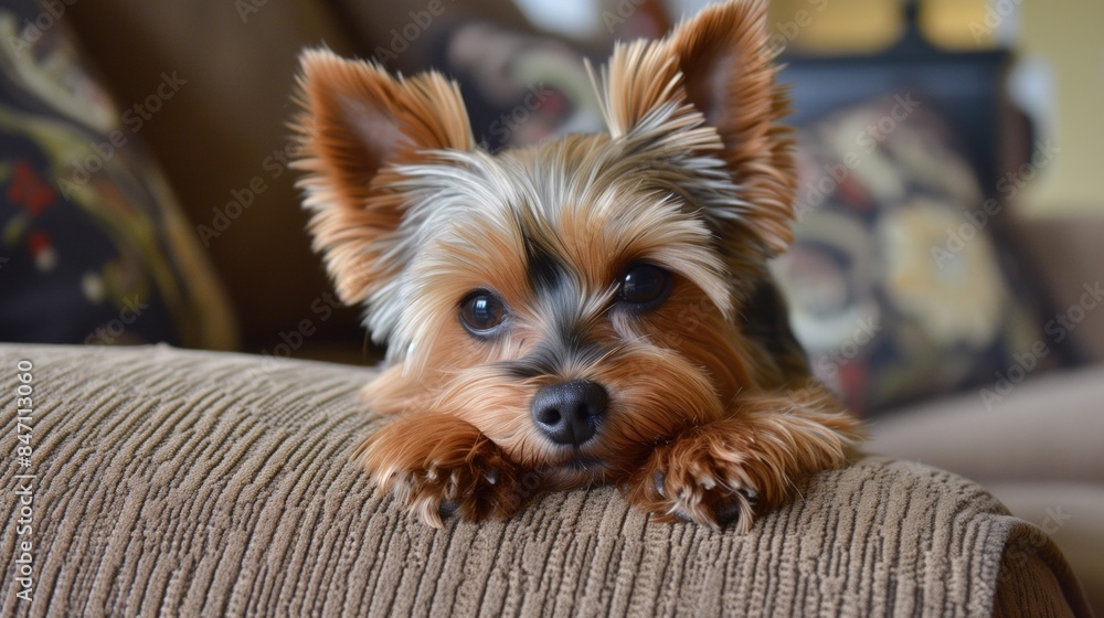 Adorable Yorkshire Terrier Puppy Resting on Couch in Cozy Home Interior. Adorable Yorkshire Terrier Puppy Resting on Couch in Cozy Home Interior.