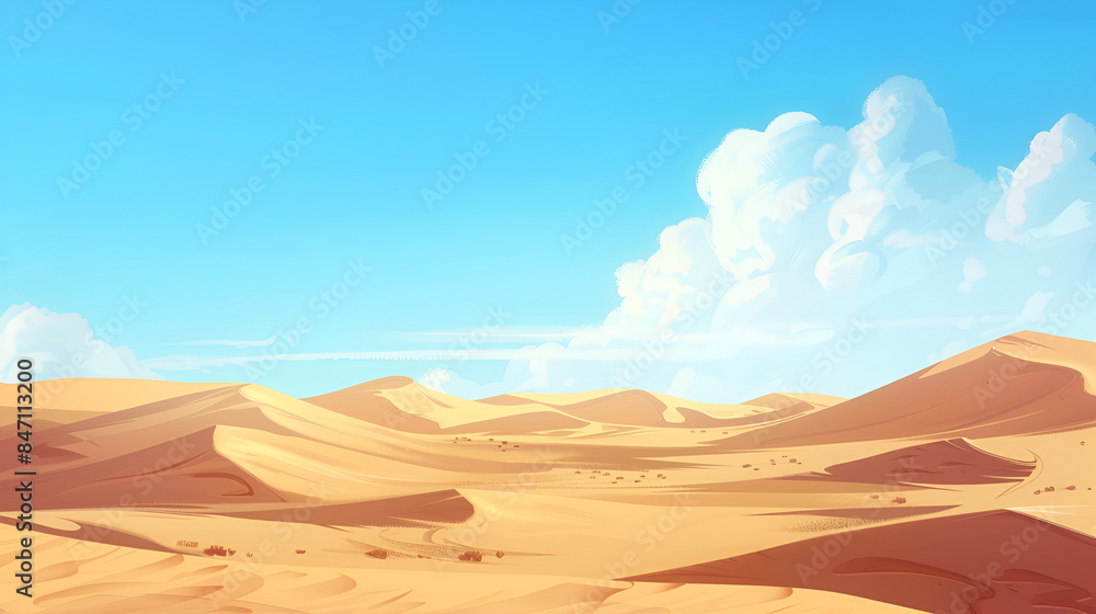 Backdrop of a vast desert landscape with sand dunes stretching to the horizon under a blue sky Backdrop of a vast desert landscape with sand dunes stretching to the horizon under a blue sky