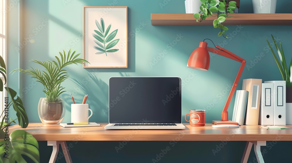 Cozy Home Office: Blend of Technology and Modern Decorative Elements - Workspace with laptop, plants, and stylish wall art creating a productive environment Cozy Home Office: Blend of Technology and Modern Decorative Elements - Workspace with laptop, plants, and stylish wall art creating a productive environment
