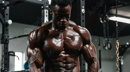 A muscular male bodybuilder poses in a modern gym, showcasing his physique. © Prostock-studio