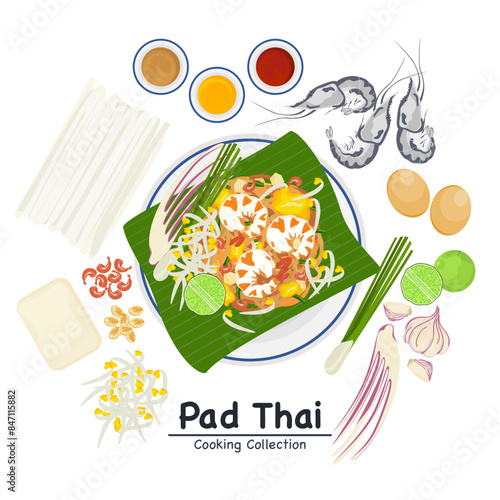 Set of vector banner illustrations with flat letters, delicious food.Thai food, Pad Thai on banana leaves cooking, recipes, menus, restaurants for food design, signs, posters, and backgrounds.
