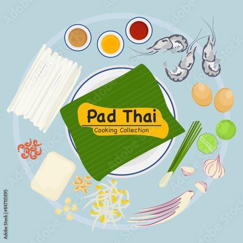 Set of vector banner illustrations with flat letters, delicious food.Thai food, Pad Thai on banana leaves cooking, recipes, menus, restaurants for food design, signs, posters, and backgrounds.