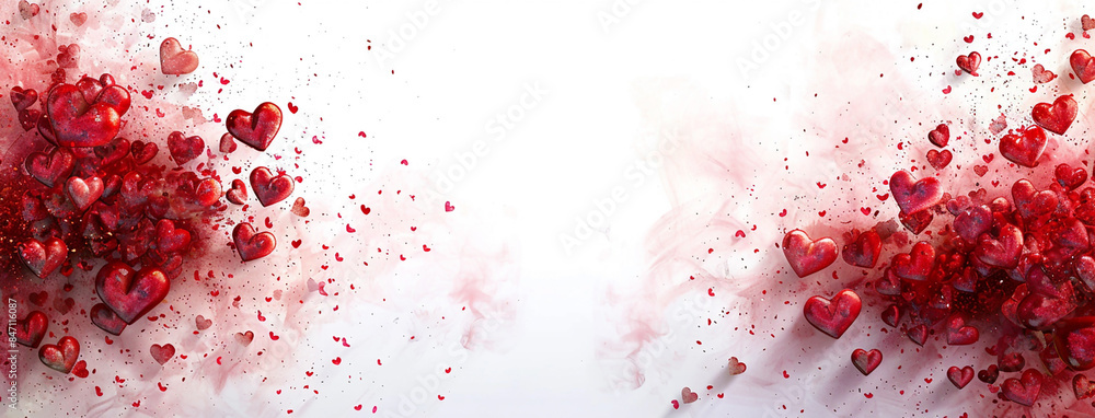 wide horizontal valentine’s day background image of maroon color shiny 3D heart shapes on a white background with empty space for texts wide horizontal valentine’s day background image of maroon color shiny 3D heart shapes on a white background with empty space for texts