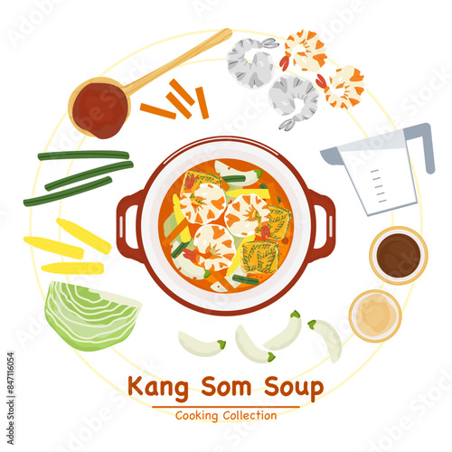 Set of vector banner illustrations with flat letters, delicious food.Thai food, Cha-om sour curry with eggs in a cup, top view cooking, recipes, menus, restaurants for food design, posters,