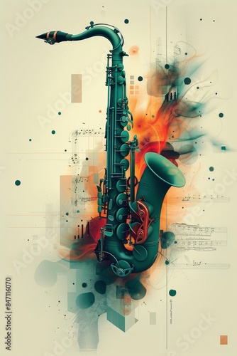  Collage of abstract musical instruments and sheet music